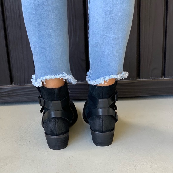 Black Leather Distressed Buckle Harness Ankle Boot - Picture 3 of 8